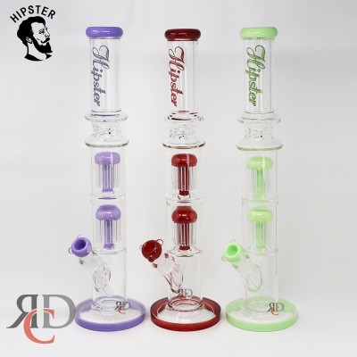 WATER PIPE HIPSTER STRAIGHT TUBE HEAVY WITH DOUBLE LEVE 12 ARM WORKED TREE PERC COLORED MOUTH & BASE RIM WP6504 1CT